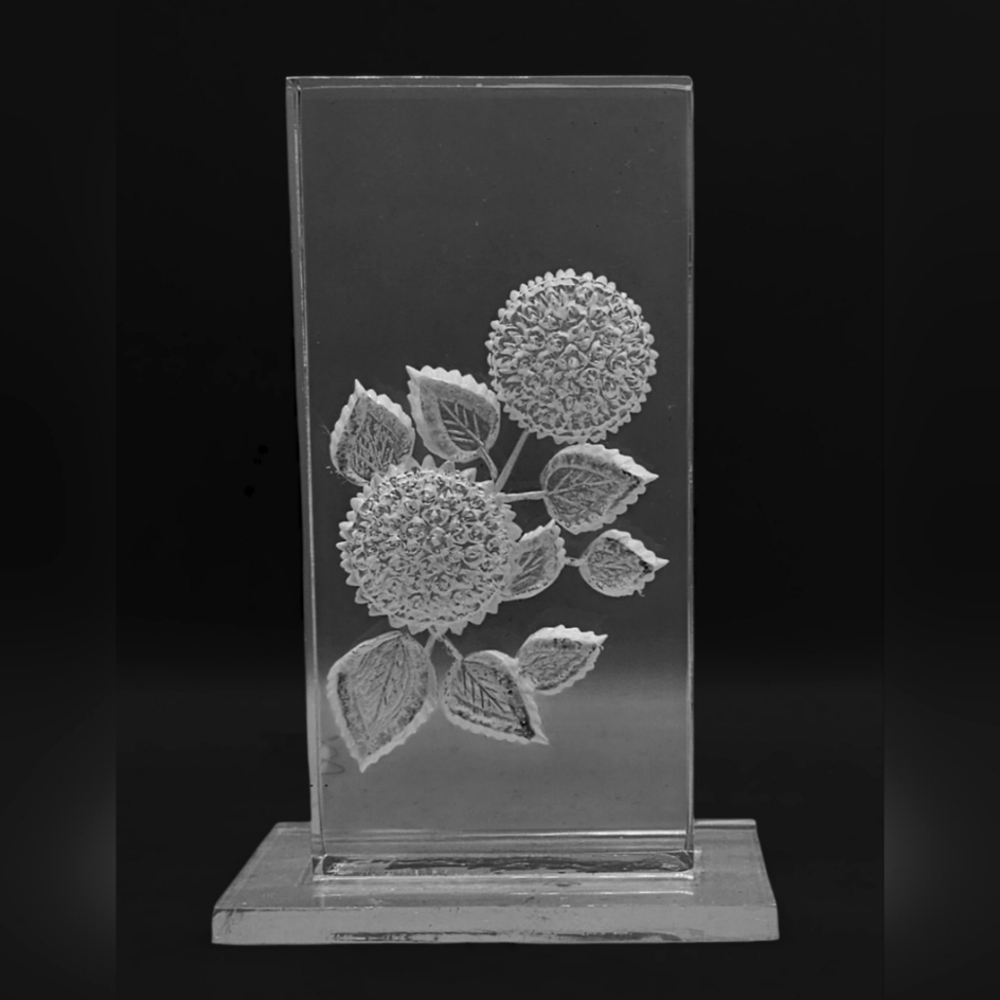 Lucite Acrylic Lazer Etched Concave Hydrangea Flower Desk Shelf Decor Block